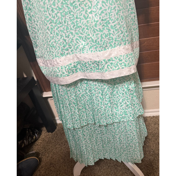 Vintage Maggy Boutique Skirt Set sz 12 Green White Satin 80s Pleated Tiered Midi - Picture 3 of 9